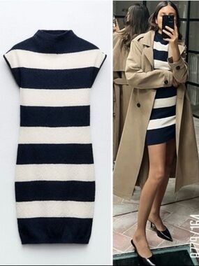 ZARA ❗️KNIT CUTWORK DRESS STRIPED NAVY SIZE XL NEW WITH TAGS FW23